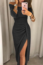 Off-Shoulder Midi Dress Long Sleeves