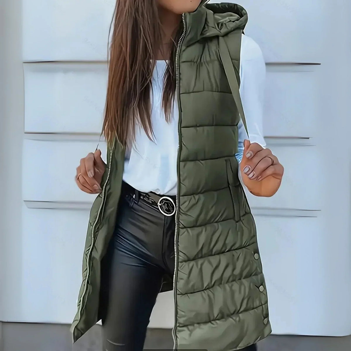 Long quilted hooded vest in olive green