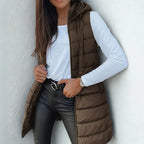 Long quilted hooded vest in brown