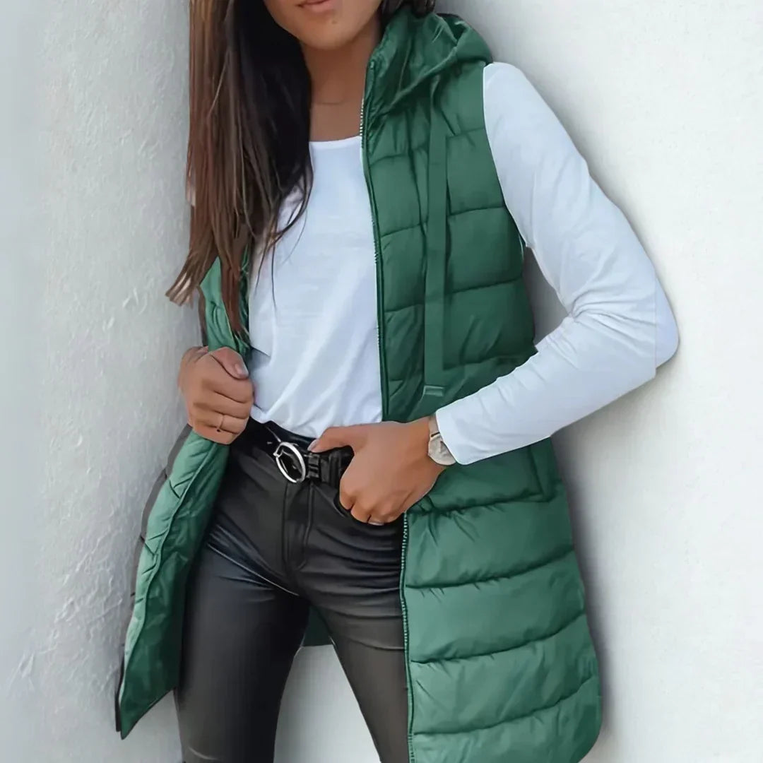 Long quilted hooded vest in green