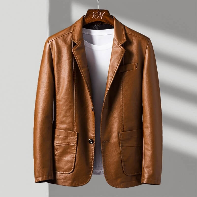 Men's classic tailored leather jacket in cognac brown