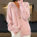 Women's casual diamond knit V neck button front cardigan in pink