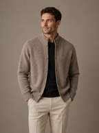 Cashmere cardigan sweater with ribbed cuffs in brown