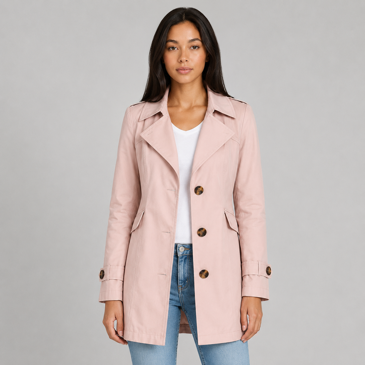 Women's single breasted mid length trench coat in pink