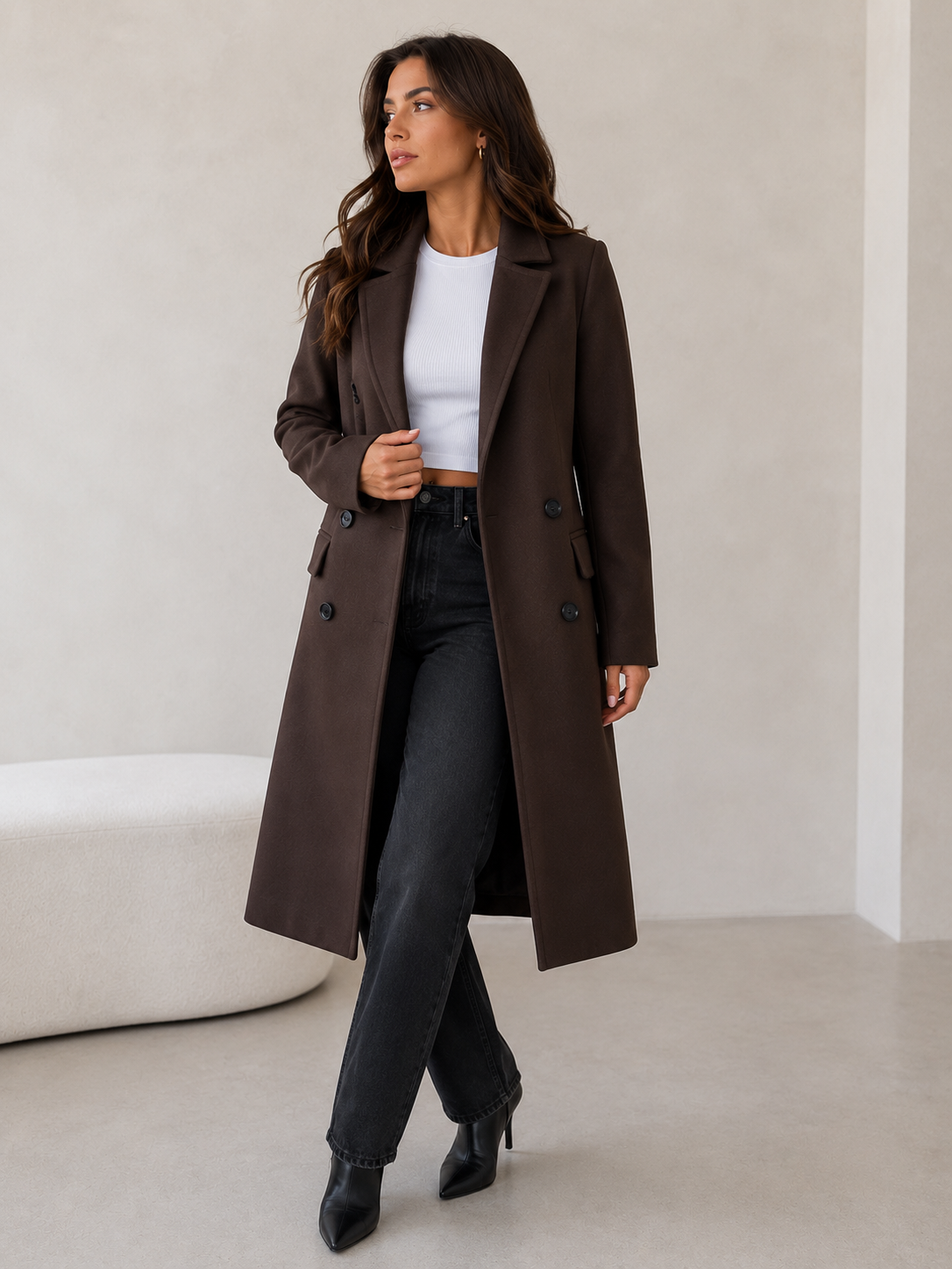 Women's double breasted belted longline coat in dark brown