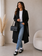 Women's double breasted belted longline coat in black