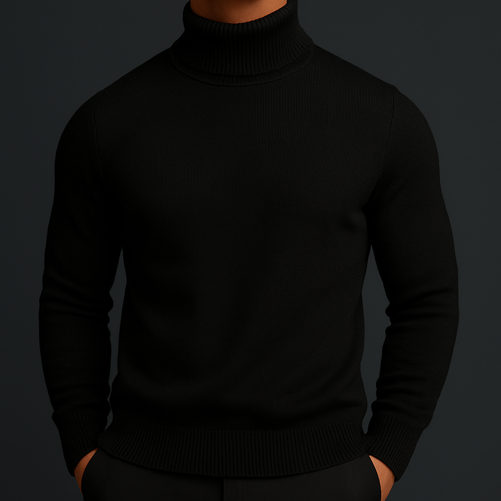 Merino wool turtleneck sweater with ribbed collar in black
