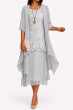 Floral embroidered midi wedding guest dress with sheer jacket in grey