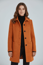 Women's tailored wool overcoat with stand collar in orange