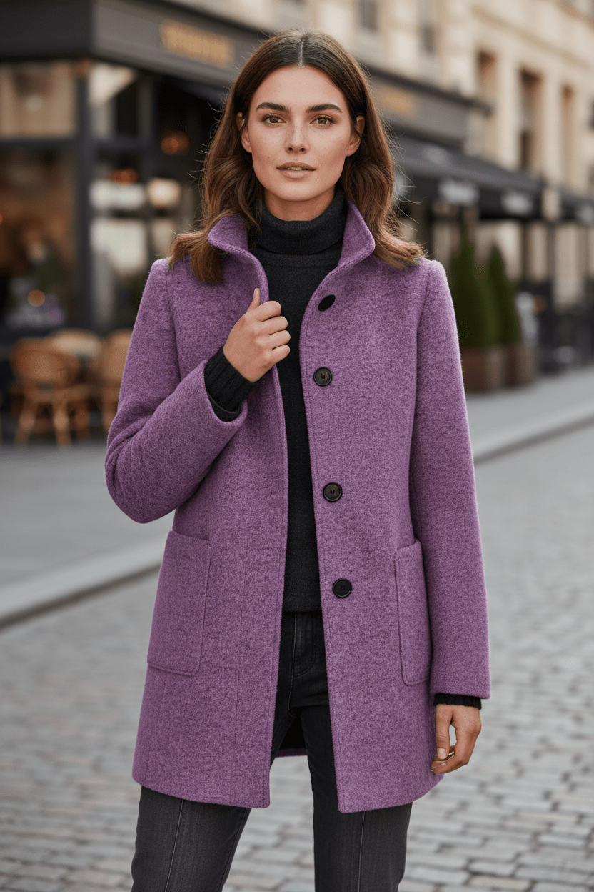 Women's tailored wool overcoat with stand collar