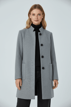 Women's tailored wool overcoat with stand collar in light grey