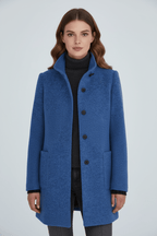 Women's tailored wool overcoat with stand collar in blue
