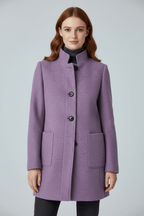 Women's tailored wool overcoat with stand collar in purple
