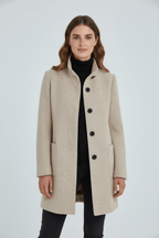 Women's tailored wool overcoat with stand collar in beige