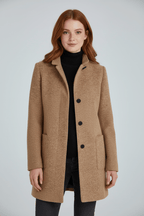 Women's tailored wool overcoat with stand collar in khaki