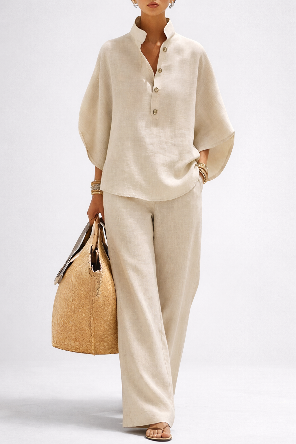 Women's Two-Piece Set Collared Blouse with Wide-Leg Trousers