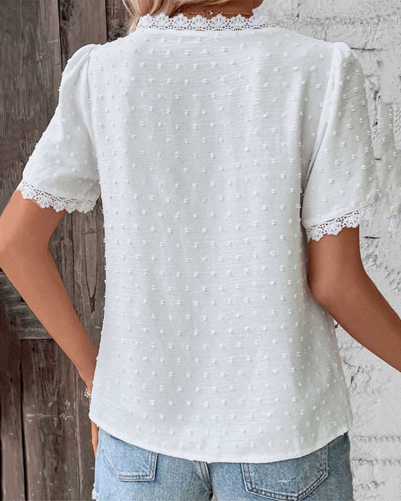 White Lace Trim V-Neck Blouse Women
