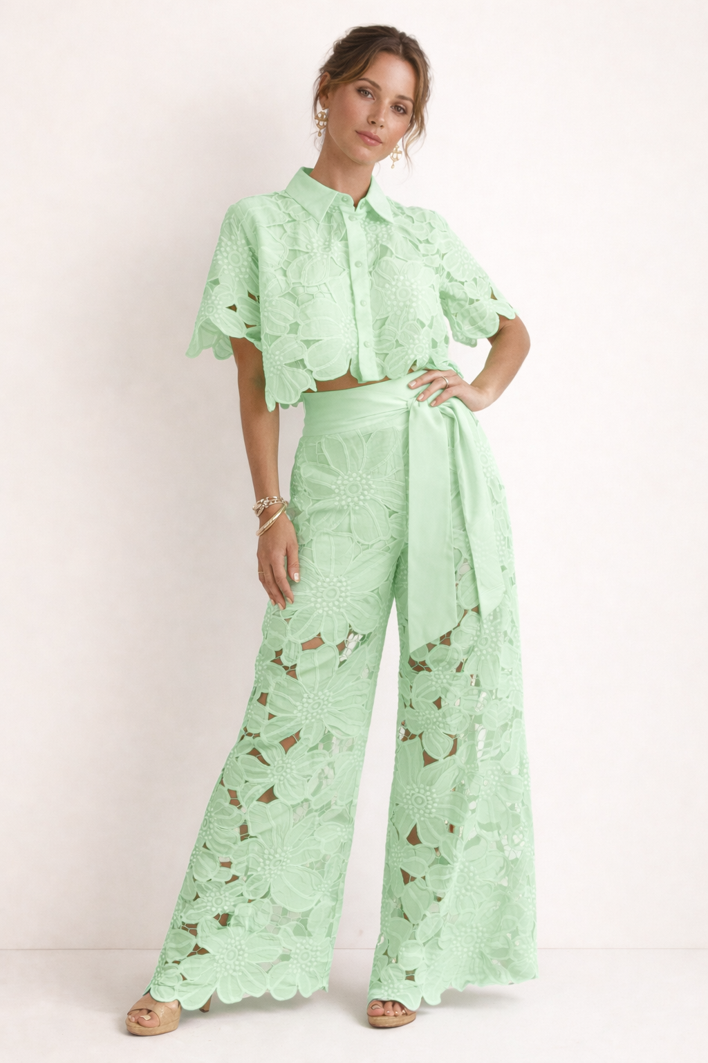Floral lace women's set featuring a short sleeve blouse and wide leg pants, perfect for stylish summer outfits. 1