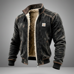 Men's warm vintage leather jacket with plush lining in black