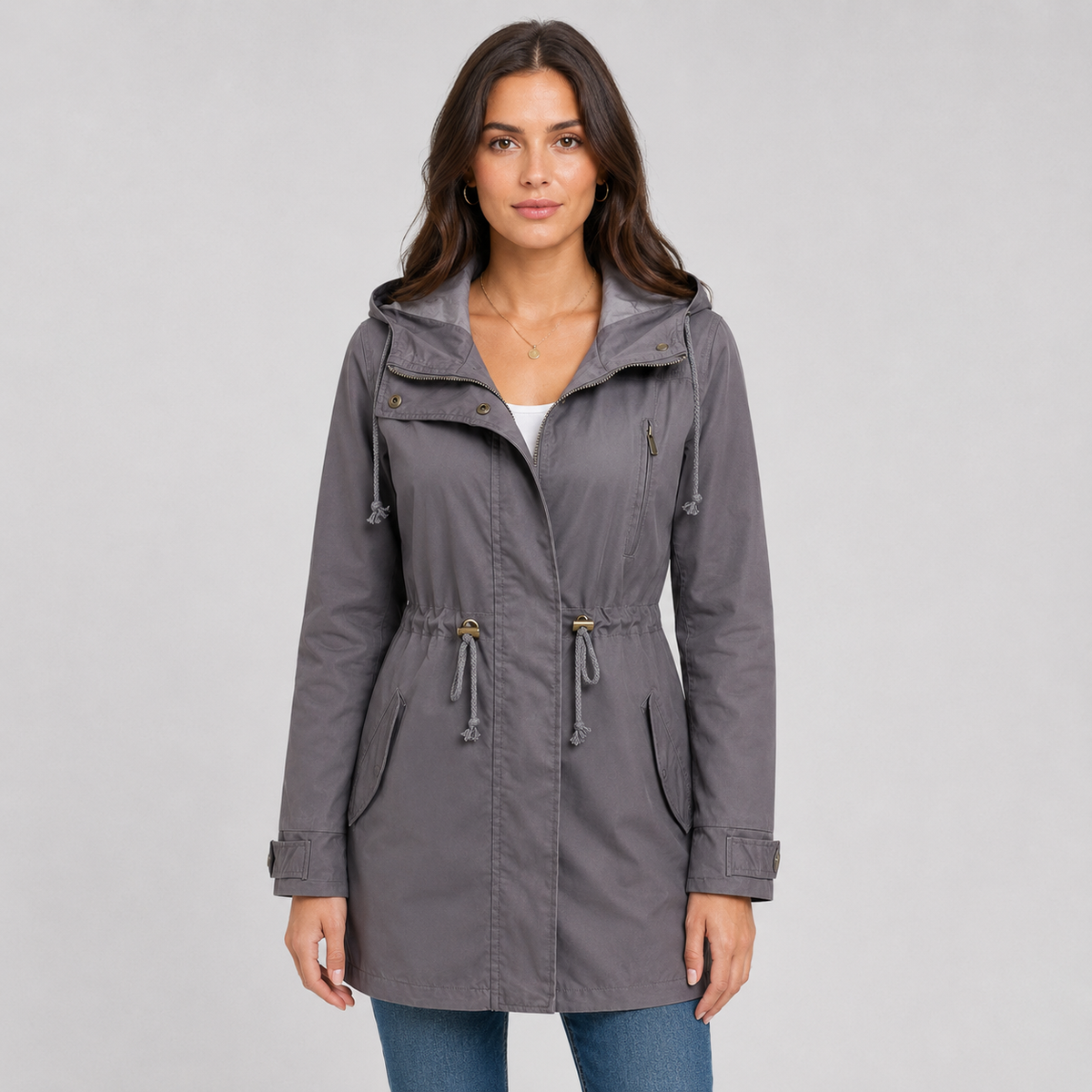 Lightweight hooded cotton blend windbreaker jacket in grey