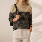 Zigzag pattern knit turtleneck sweater in beige