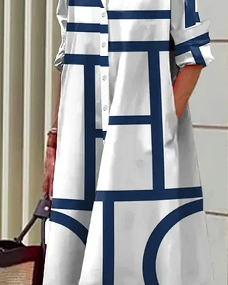 Geometric print dress with pockets made from a comfortable cotton-polyester blend, perfect for casual wear. 1