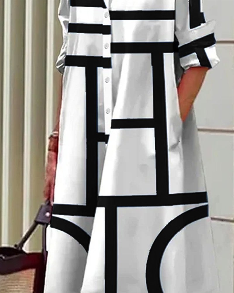 Geometric print dress with pockets made from a comfortable cotton-polyester blend, perfect for casual wear. 8