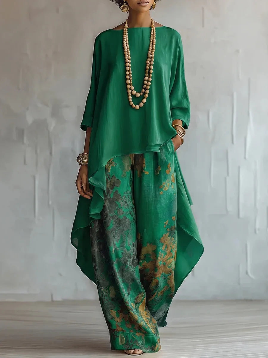 Two-piece printed tunic and wide-leg pants set in green
