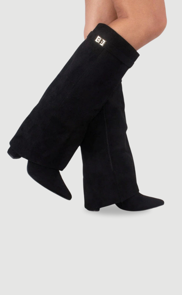 Knee high boots with a stylish flared top and comfortable block heel, perfect for fashionable fall and winter outfits. 0
