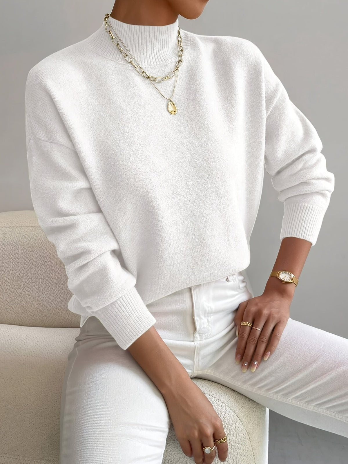 Women's warm soft knit turtleneck sweater in white