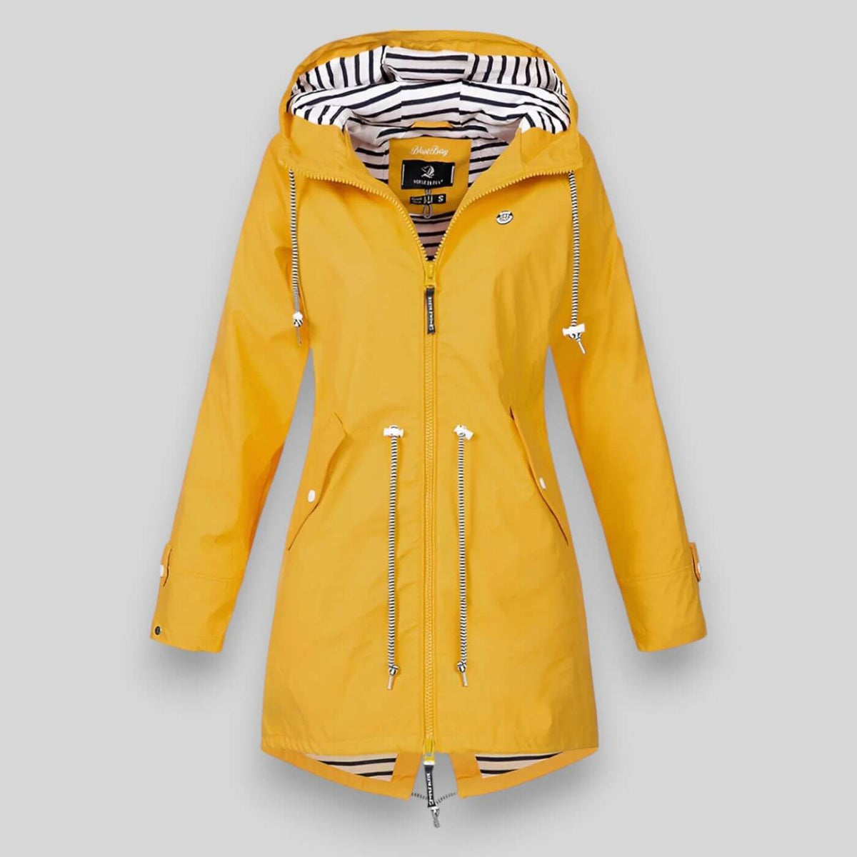 Women's sleek waterproof rain jacket with adjustable hood in yellow