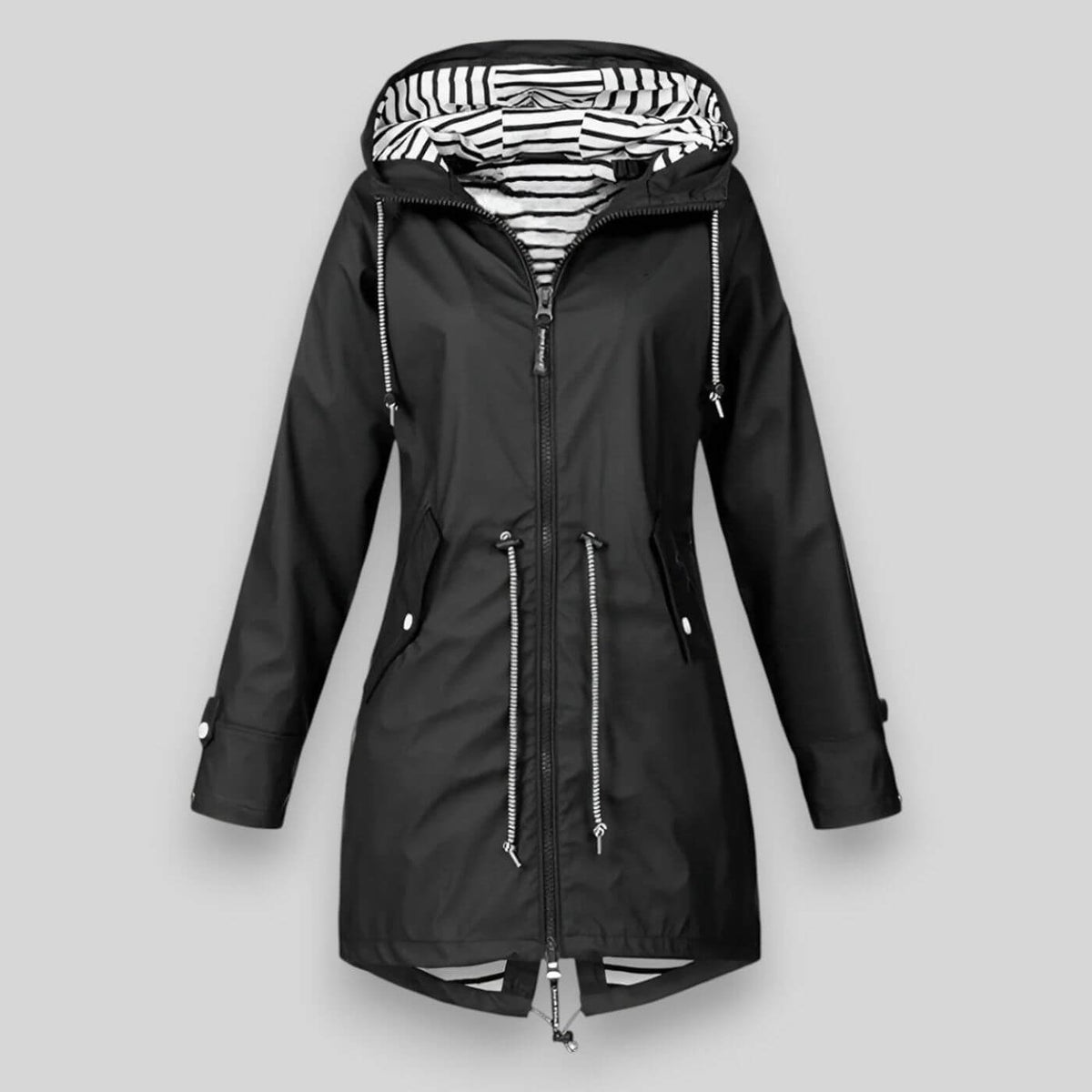 Women's sleek waterproof rain jacket with adjustable hood in black