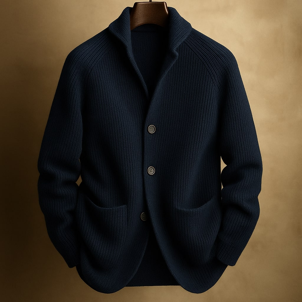 Men's ribbed wool blend shawl collar cardigan in dark blue