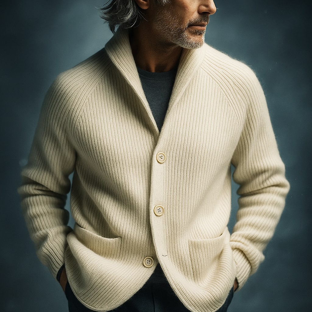 Men's ribbed wool blend shawl collar cardigan