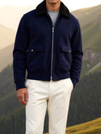 Navy Zip-Front Jacket with Lapel Collar