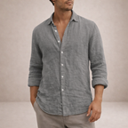 Men's linen shirt in regular fit with open collar and long sleeves, perfect for casual summer outings and stylish layering. 0