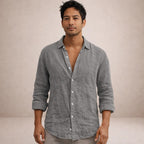 Men's linen shirt in regular fit with open collar and long sleeves, perfect for casual summer outings and stylish layering. 1