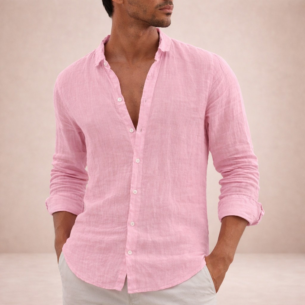 Men's linen shirt in regular fit with open collar and long sleeves, perfect for casual summer outings and stylish layering. 4