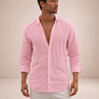Men's linen shirt in regular fit with open collar and long sleeves, perfect for casual summer outings and stylish layering. 5