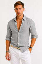 Men's linen shirt featuring a classic collar, long sleeves, and a slim fit design, perfect for casual and semi-formal occasions. 1