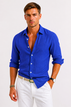 Men's linen shirt featuring a classic collar, long sleeves, and a slim fit design, perfect for casual and semi-formal occasions. 2