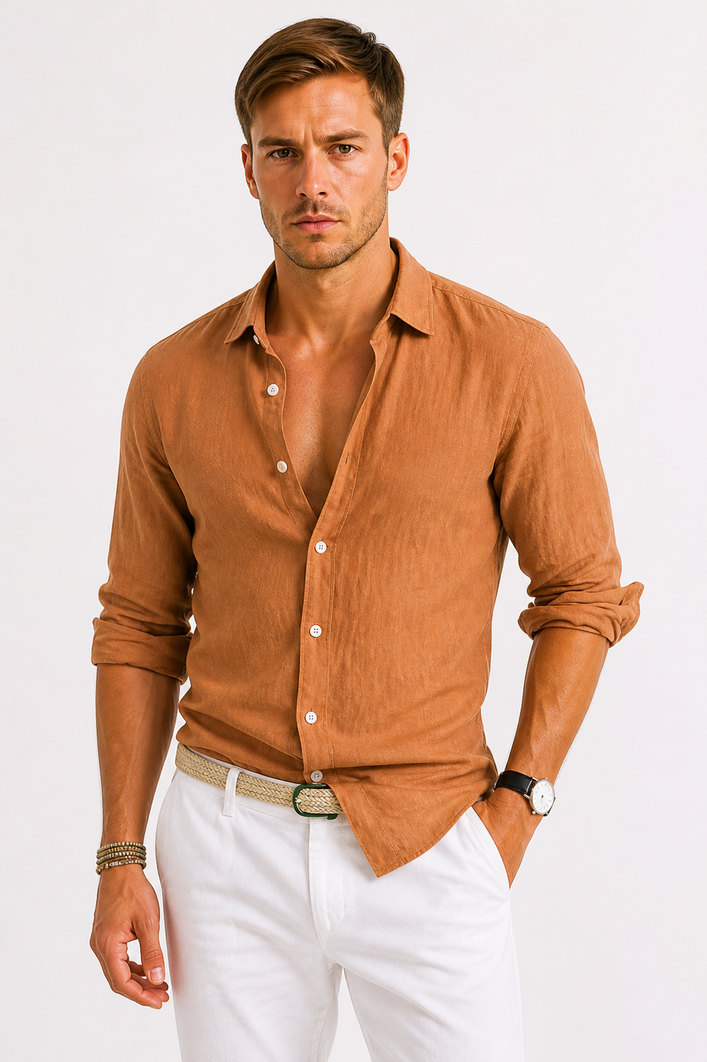 Men's linen shirt featuring a classic collar, long sleeves, and a slim fit design, perfect for casual and semi-formal occasions. 7