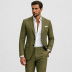 Men's slim fit linen suit in light beige, perfect for weddings and casual events, featuring a tailored design and breathable fabric for comfort and style. 0
