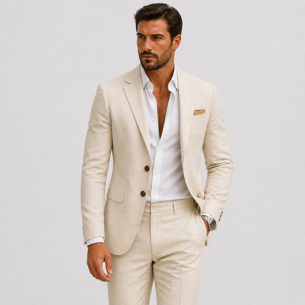 Men's slim fit linen suit in light beige, perfect for weddings and casual events, featuring a tailored design and breathable fabric for comfort and style. 5
