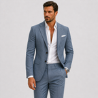 Men's slim fit linen suit in light beige, perfect for weddings and casual events, featuring a tailored design and breathable fabric for comfort and style. 6