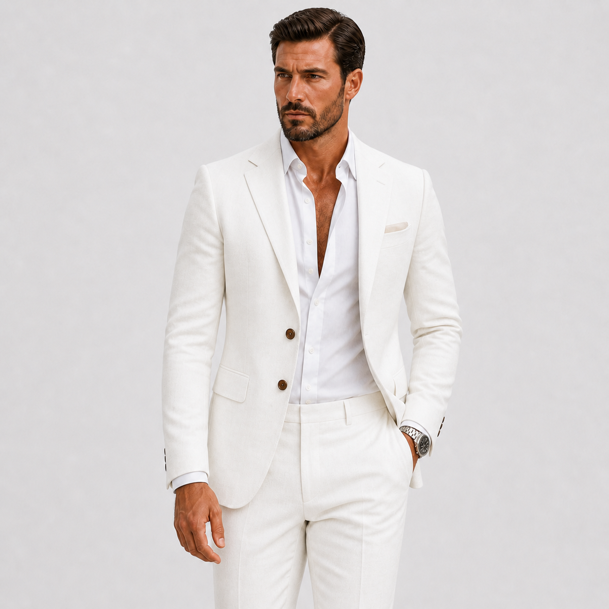 Men's slim fit linen suit in light beige, perfect for weddings and casual events, featuring a tailored design and breathable fabric for comfort and style. 9