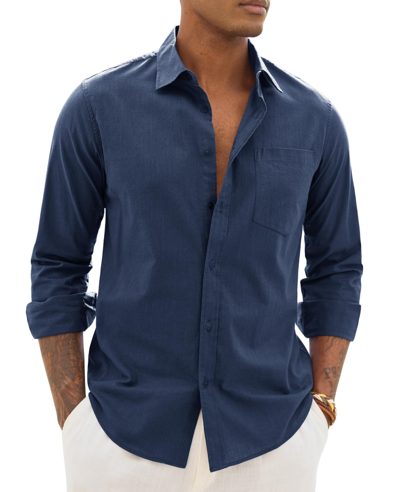 Men's Long Sleeve Shirt, Cotton Linen Blend, Casual Fit 10