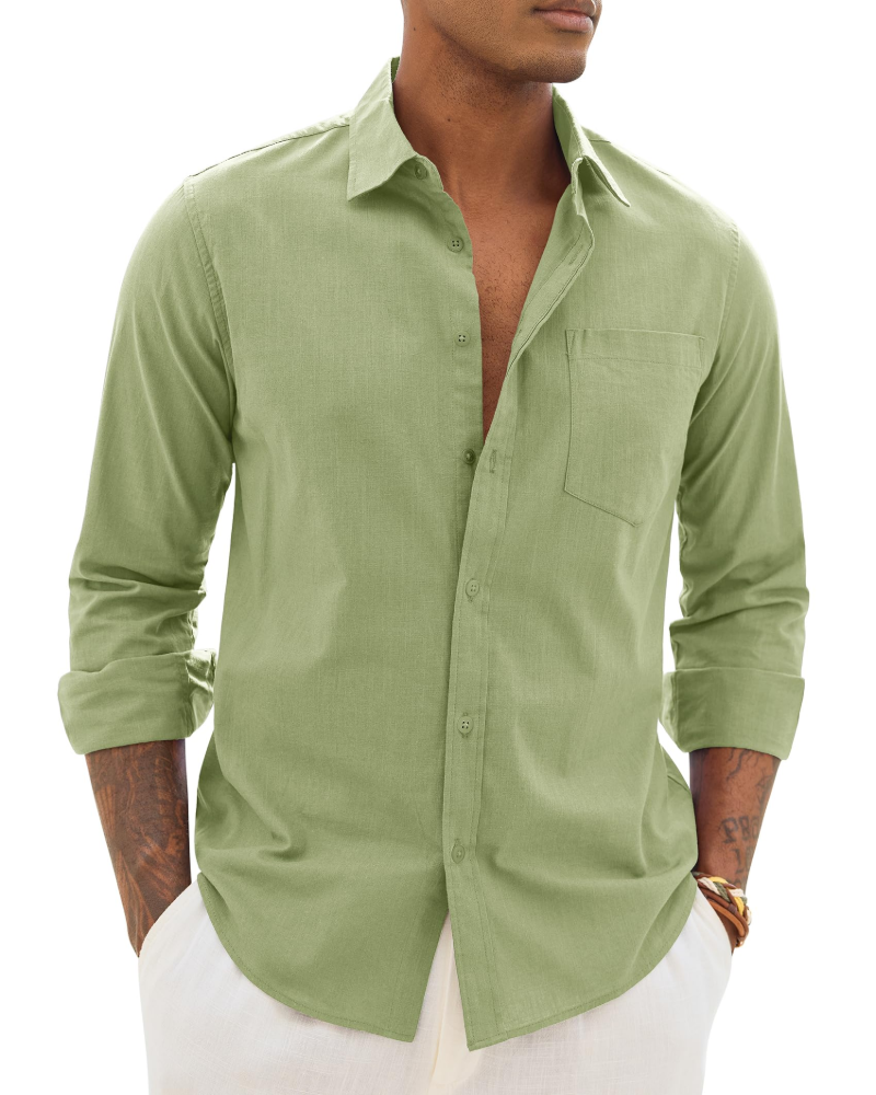 Men's Long Sleeve Shirt, Cotton Linen Blend, Casual Fit 14