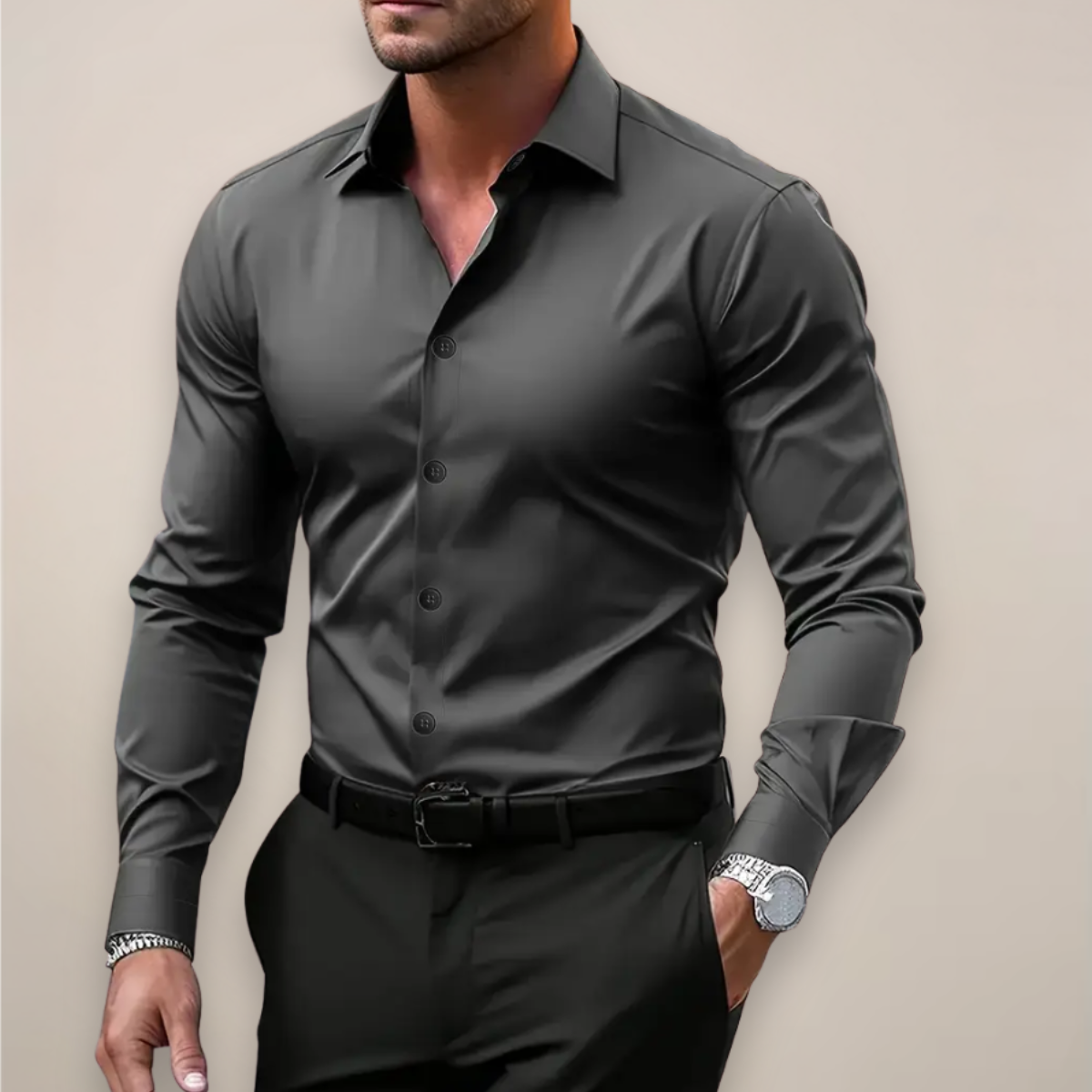 Classic Long-Sleeve Shirt Notched Collar