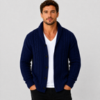 Cable knit button front cardigan sweater in navy blue